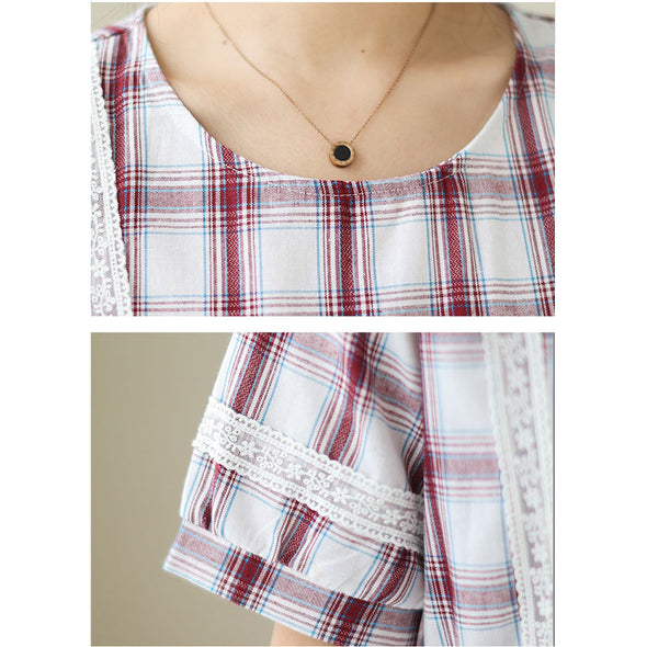 【M~2XL】大人カジュアル　チェック柄　　綿麻　レトロ　Aライン　シャツワンピース