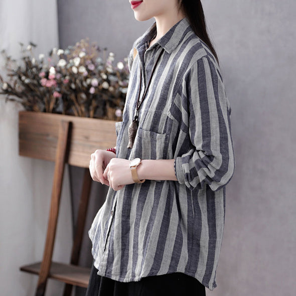 【M~2XL】大人カジュアル　綿麻　ストライプ　胸ポケット　レディースシャツ