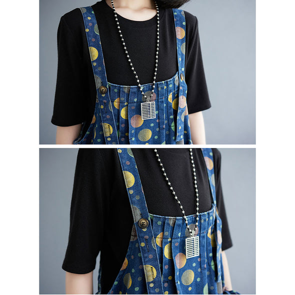 【Ⅿ~2XL】人かわいい　トッド柄　裾フリンジ　Aラインデニムワンピース