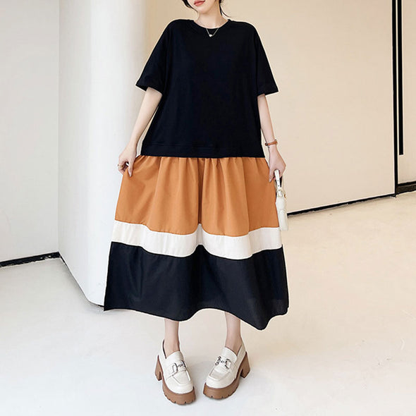 【L~3XL】大人カジュアル　半袖　切替配色　こなれ感　Aライン　夏ワンピース