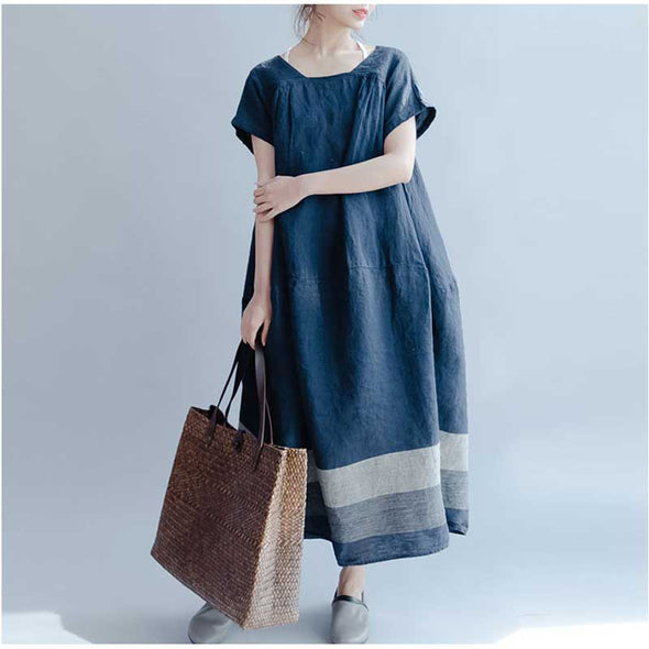 【S~5XL】おしゃれワンピース　肌さわり良い　切り替え　綿麻　シンプルワンピース