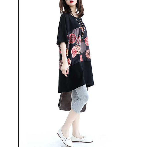 【2XL~5XL】エスニック風　揺れ感　ロングＴシャツ　プリント　チュニックワンピース