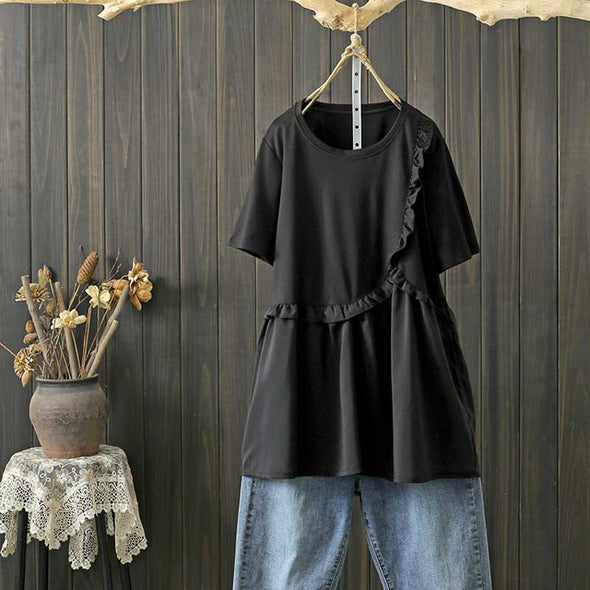 【3XL～7XL】異素材切替　ビッグシルエット　レディースブラウス　夏Tシャツ