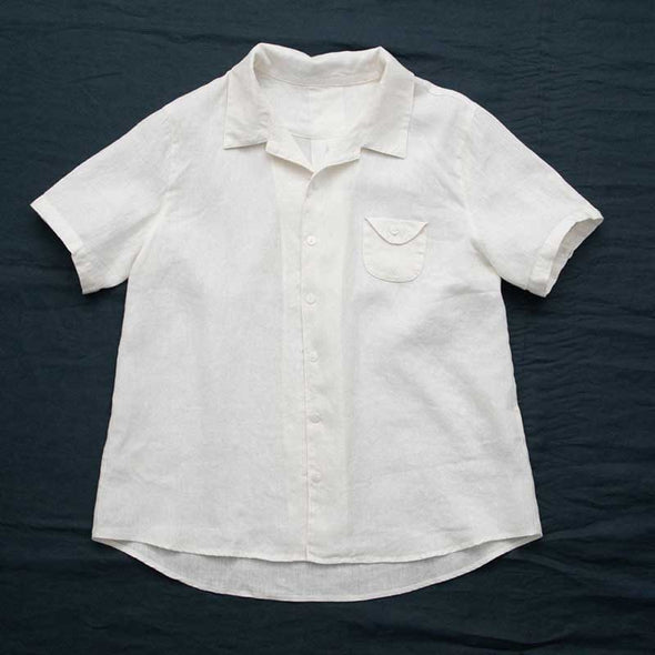 【M~2XL】レトロ　Vネック　綿麻　ゆったりサイズ　薄手　夏シャツ