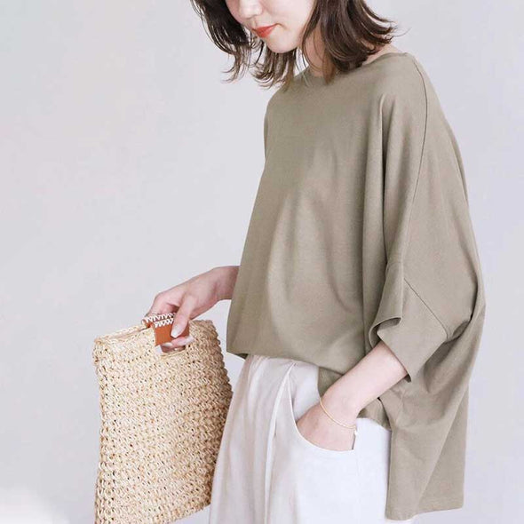 【M.L】スリット入り　ドルマンスリーブ　シンプル　無地　7分袖無地Tシャツ
