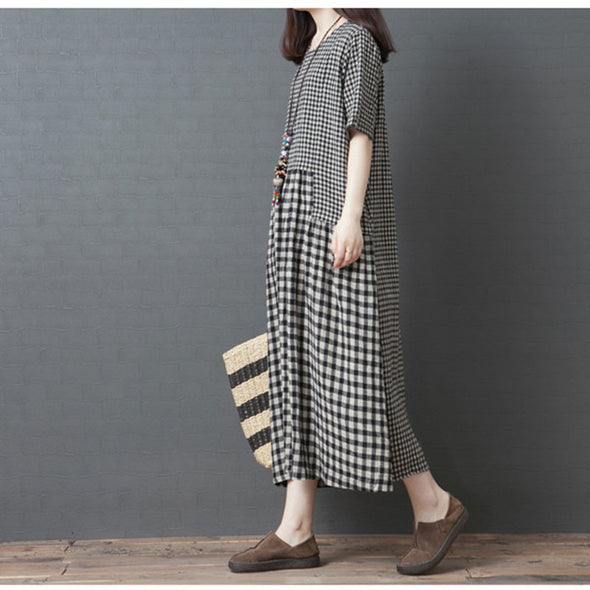 【M~2XL】大人カジュアル　切替　チェック柄　ゆったりサイズ　ロングワンピース