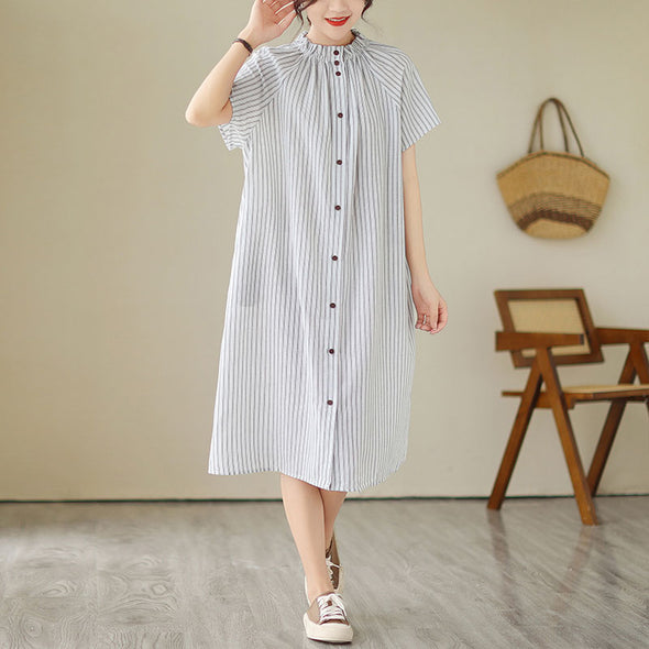 【M~2XL】人気沸騰中　ネックタック　ストライプ　カジュアル　夏シャツワンピース　