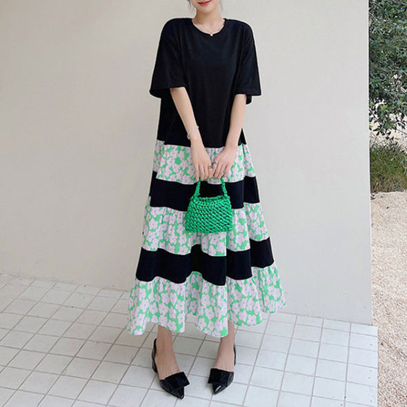 【L~3XL】韓国風　Aライン　切替　花柄　ロングワンピース