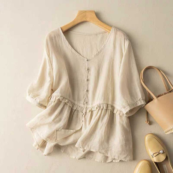 【M~2XL】レトロ　ゆったりサイズ　綿麻　薄手　夏人気トップス