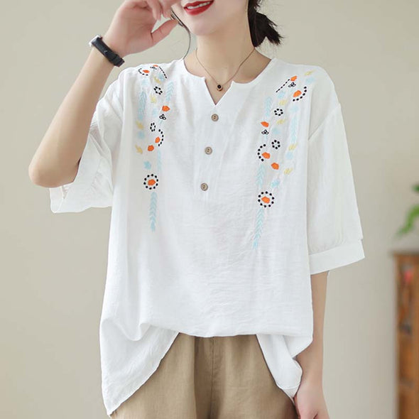 【M~3XL】花柄　スリットネック　刺繍入り　ゆるシルエット　夏ブラウス