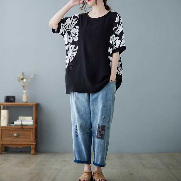 ゆるシルエット　ドルマン風　花柄　夏　楽チン　おしゃれ　ブラウス　Tシャツ
