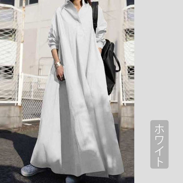 【S～5XL】シンプルカジュアル　体型カバー　無地　ロングシャツワンピース