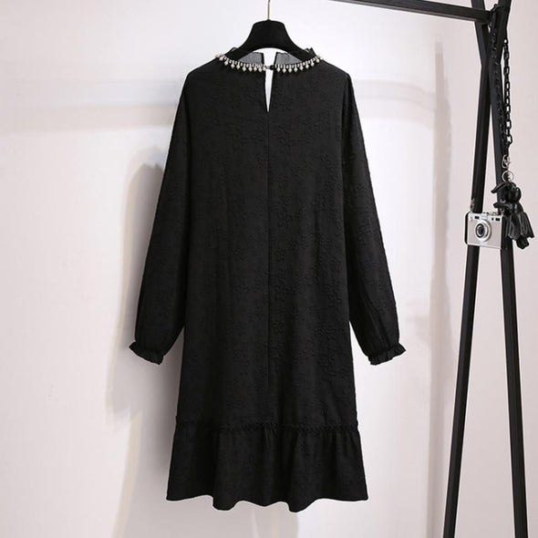 【2XL～6XL】上品　デートワンピース　大人ファッション　花柄刺繍入り　ネックビーズデザイン　着瘦せ　ロングワンピース