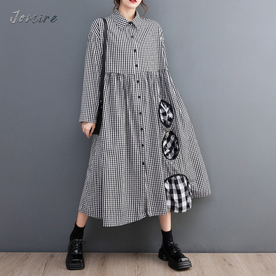 大人カジュアル　チェック柄Aライン　ロングシャツワンピース