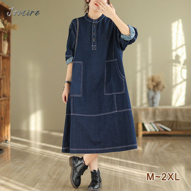 【M~2XL】シンプルカジュアル　ロングデニムワンピース