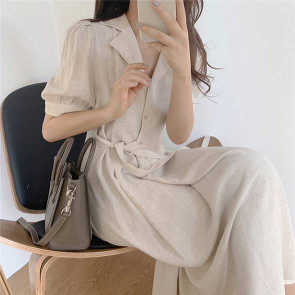 シンプルカジュアル　ウエストリボン　おしゃれ　ロングシャツワンピース