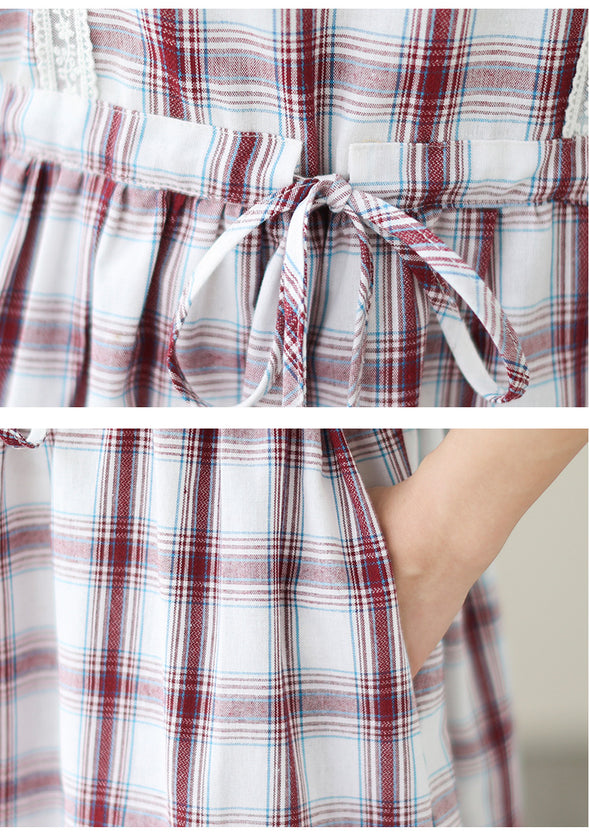 【M～2XL】レトロ　チェック柄　切り替え　Aライン　夏ワンピース