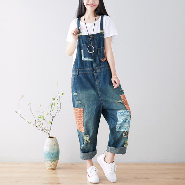 デニムサロペット　レトロ　切り替え　ダメージ　夏デニムパンツ