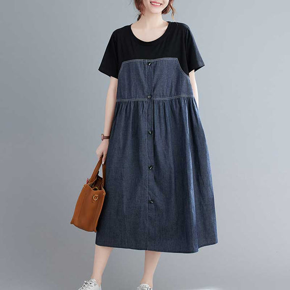【L~XL】韓国ファッション　切り替えデニムワンピース　ロング丈　ポケット付き　夏ワンピース