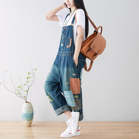 デニムサロペット　レトロ　切り替え　ダメージ　夏デニムパンツ