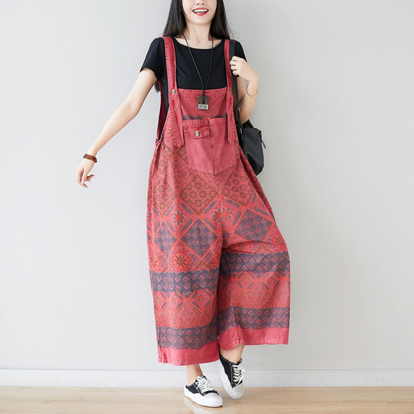 デニムサロペット　不規則柄　華やか　レトロ　夏人気パンツ