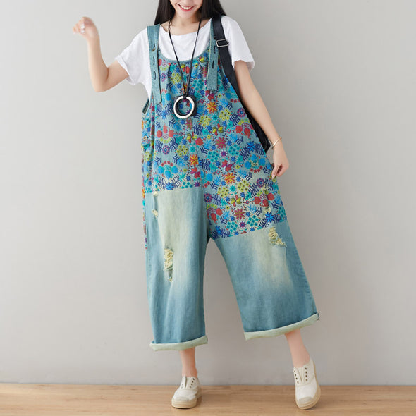 花柄　華やか　レトロ　デニムサロペット　可愛いデニムパンツ