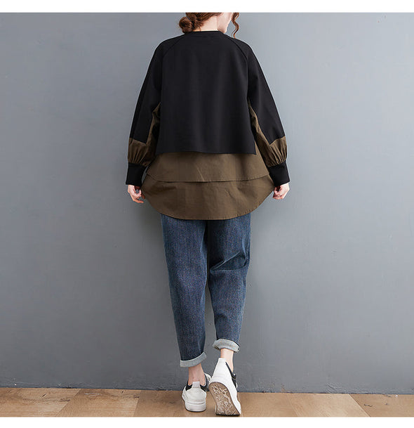 【L.XL】韓国ファッション　ゆるシルエット　切替　レイヤード風シャツ風トレーナー
