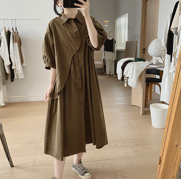 シンプルカジュアル　不規則デザイン　中袖　ロングシャツワンピース