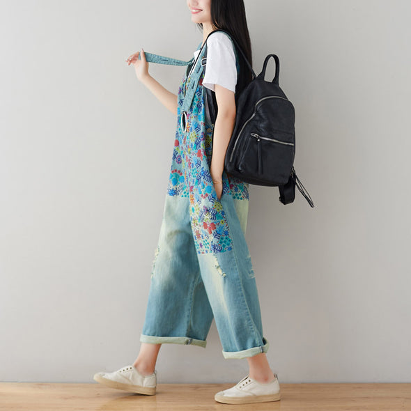 花柄　華やか　レトロ　デニムサロペット　可愛いデニムパンツ