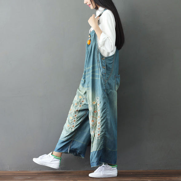 刺繍　花柄　ワイド風　デニムパンツ　デニムサロペット