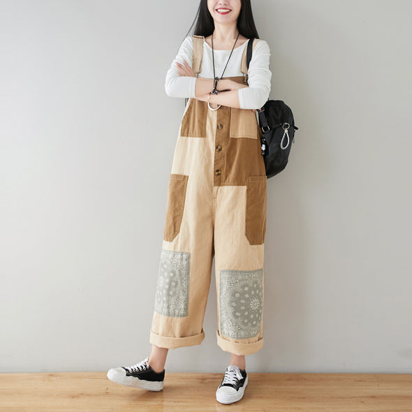 デニムサロペット　花柄　切り替え　レトロ　夏人気パンツ