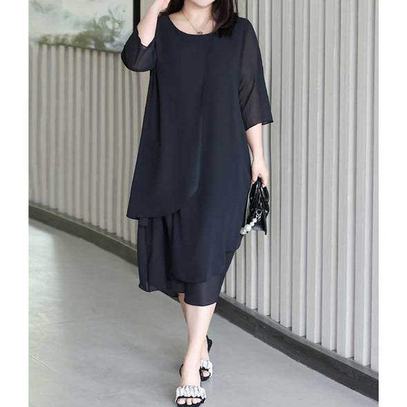 【4XL~8XL】無地シフォンワンピース　7分袖　無地　シフォンワンピース　着瘦せ効果　大きいサイズ　夏ワンピース