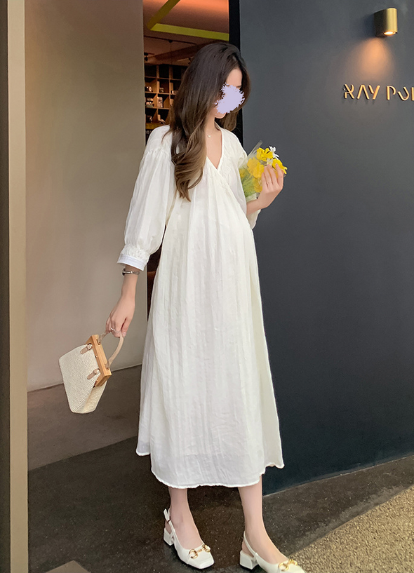 大人カジュアル　Aライン　７分袖　春夏秋　ロング丈　無地　ワンピース　
