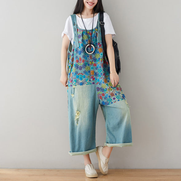 花柄　華やか　レトロ　デニムサロペット　可愛いデニムパンツ