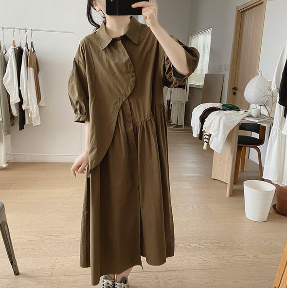 シンプルカジュアル　不規則デザイン　中袖　ロングシャツワンピース