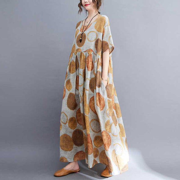 綿麻　大人ファッション　水玉柄　ロング丈　おしゃれワンピース　マキシワンピース　夏