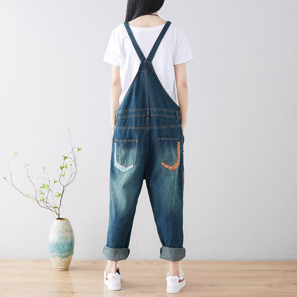 デニムサロペット　レトロ　切り替え　ダメージ　夏デニムパンツ