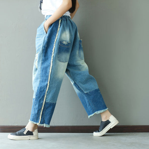 デニムパンツ　ダメージ　切り替え　ゆったりサイズ　夏人気パンツ