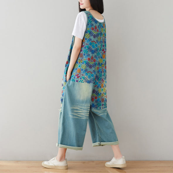 花柄　華やか　レトロ　デニムサロペット　可愛いデニムパンツ