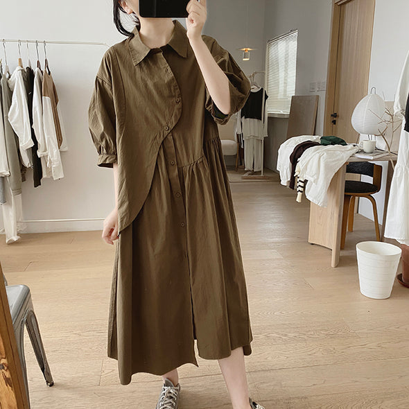 シンプルカジュアル　不規則デザイン　中袖　ロングシャツワンピース