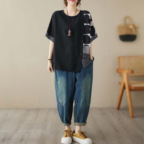 ゆるシルエット　ドット柄　夏トップス　楽ちん　大人ブラウス　人気トップス