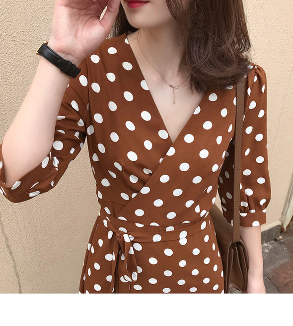 【S~XL】ドット柄　Aライン　ウエストリボン　フェミニン　デートワンピース