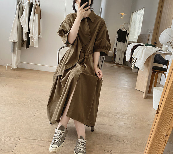 シンプルカジュアル　不規則デザイン　中袖　ロングシャツワンピース
