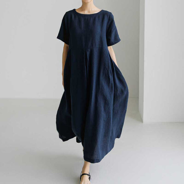 【S~XL】大人ワンピース　綿麻　夏ワンピース　タック入り　ロングワンピース
