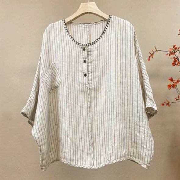 【M~2XL】パフスリーブ　ストライプ柄　チェック柄　綿麻　着痩せ　夏トップス