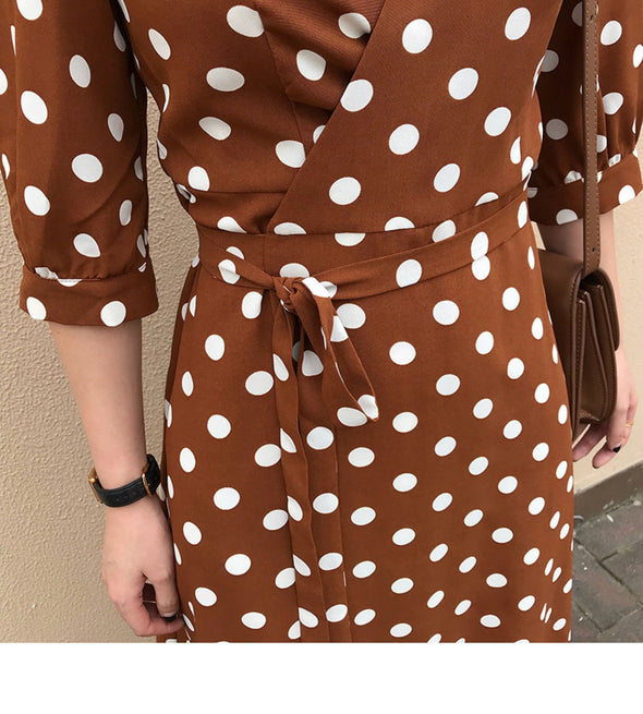 【S~XL】ドット柄　Aライン　ウエストリボン　フェミニン　デートワンピース