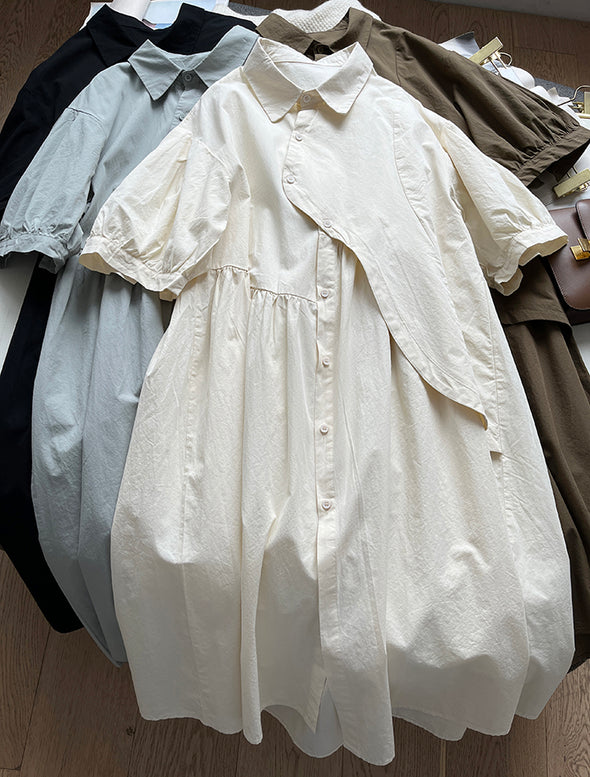 シンプルカジュアル　不規則デザイン　中袖　ロングシャツワンピース