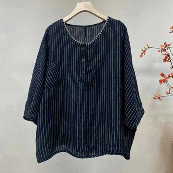 【M~2XL】パフスリーブ　ストライプ柄　チェック柄　綿麻　着痩せ　夏トップス