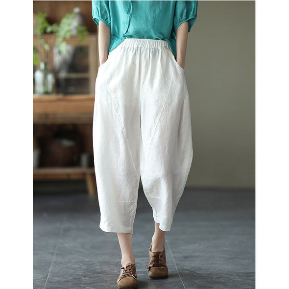 【M~2XL】シンプル　無地　カジュアル　綿麻　9分丈サルエルパンツ