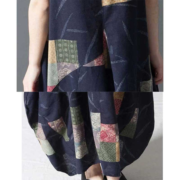 【M～2XL】エスニック風　不規則柄　ベストワンピース　ロング丈　着瘦せ　バルーンワンピース